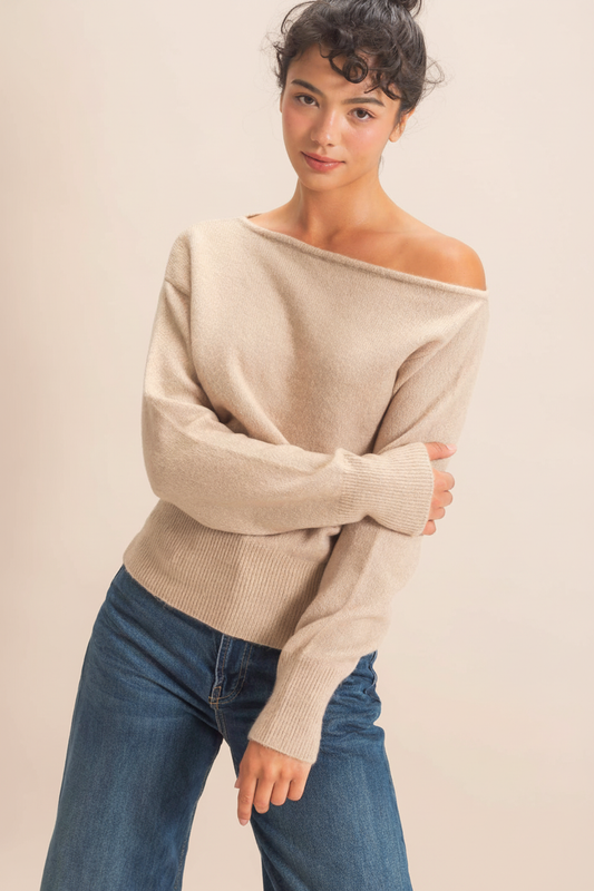 Off The Shoulder Sweater Top: Taupe