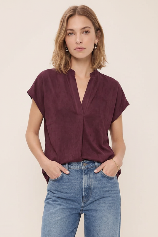 Roux Split Neck Drop Shoulder Blouse: Wine