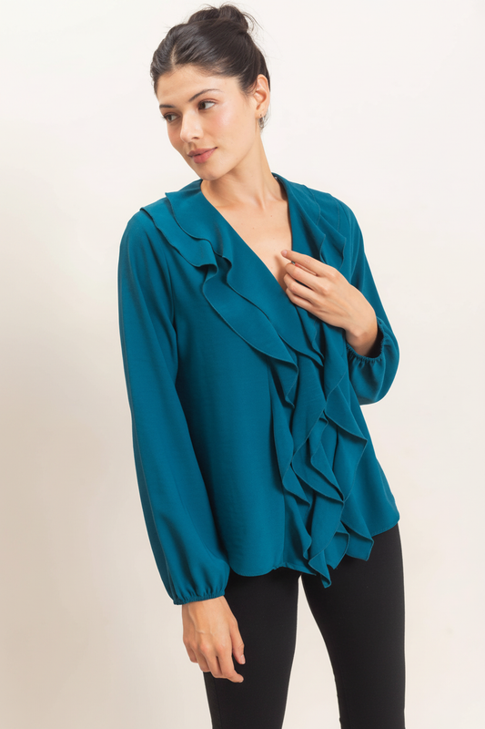 Ruffled V-Neck Button-Up Blouse: Teal