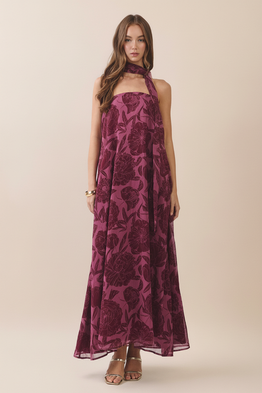 Serena Strapless Floral Scarf Maxi Dress: Burgundy