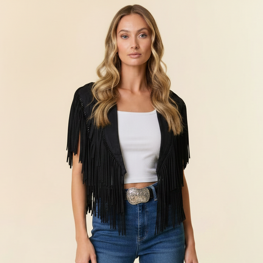Stevie Western Fringe Suede Collar Cape: Black