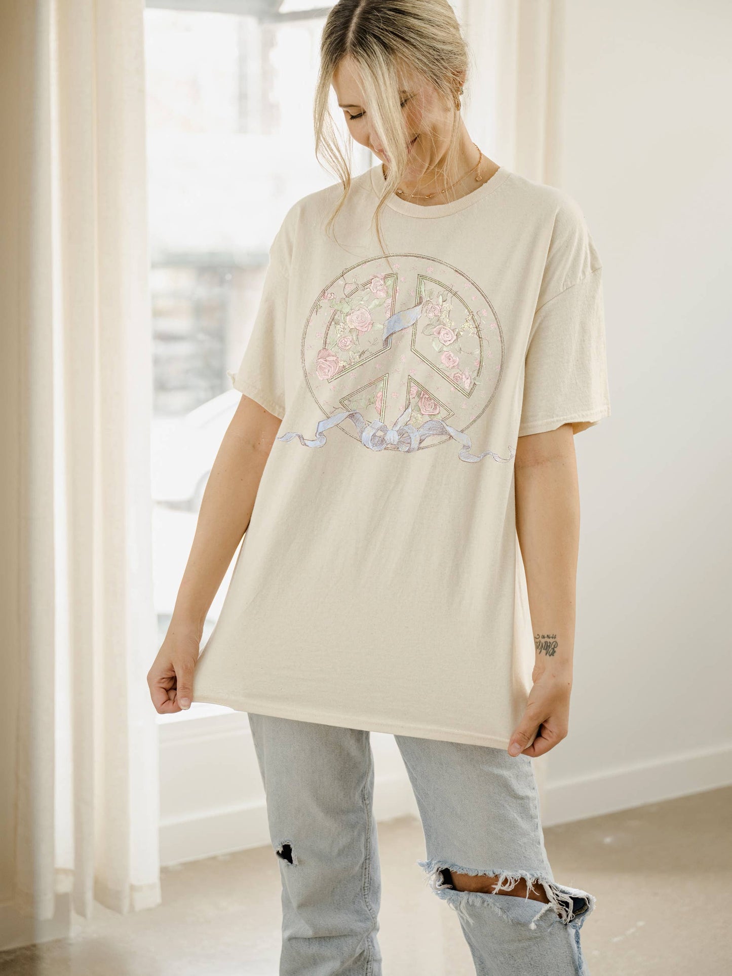Floral Peace Sign Off White Thrifted Graphic Tee