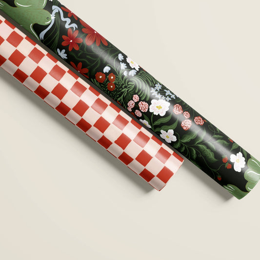 Winter Feathers and Red Checkered Double Sided Gift Wrap | S