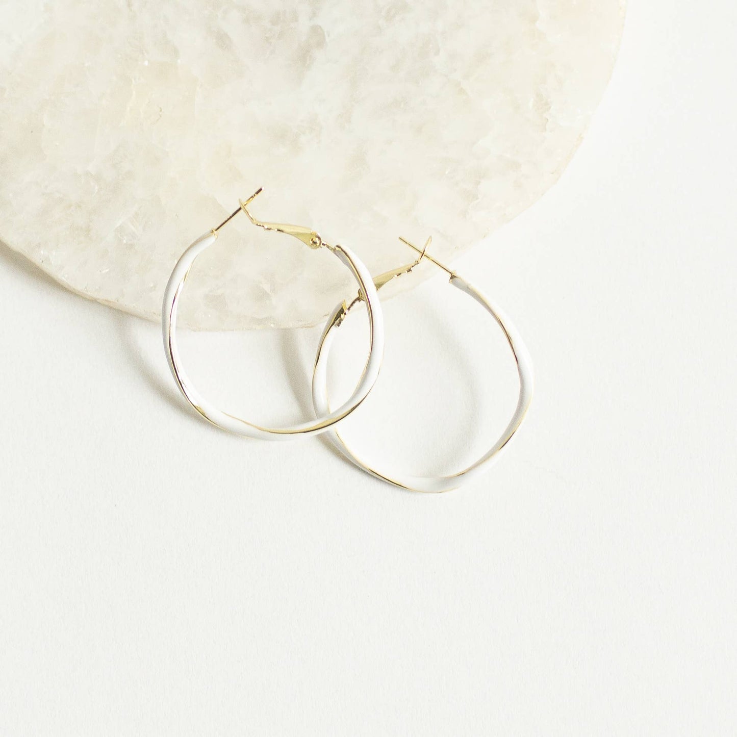 Mila Enamel Twist Hoop Earrings - Large White & Goldtone